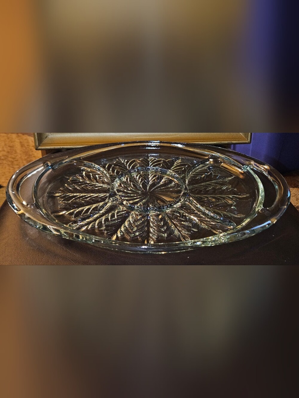 1940s Ice Blue Jeannette Feather Pattern Glass 5 Part Divided Relish Tray